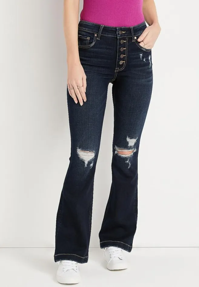 Women Edgely Flare High Rise Button Fly Ripped Jean Maurices Jeans