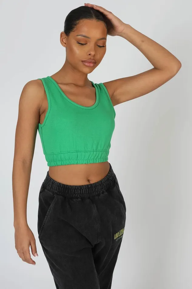 Women Elasticated Waist Sweat Scoop Neck Crop Top Green Kaiia Green Public Desire Tops
