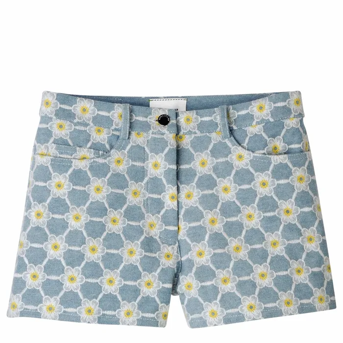Women Embroidered Shorts Sky Blue Longchamp Trousers and Shorts