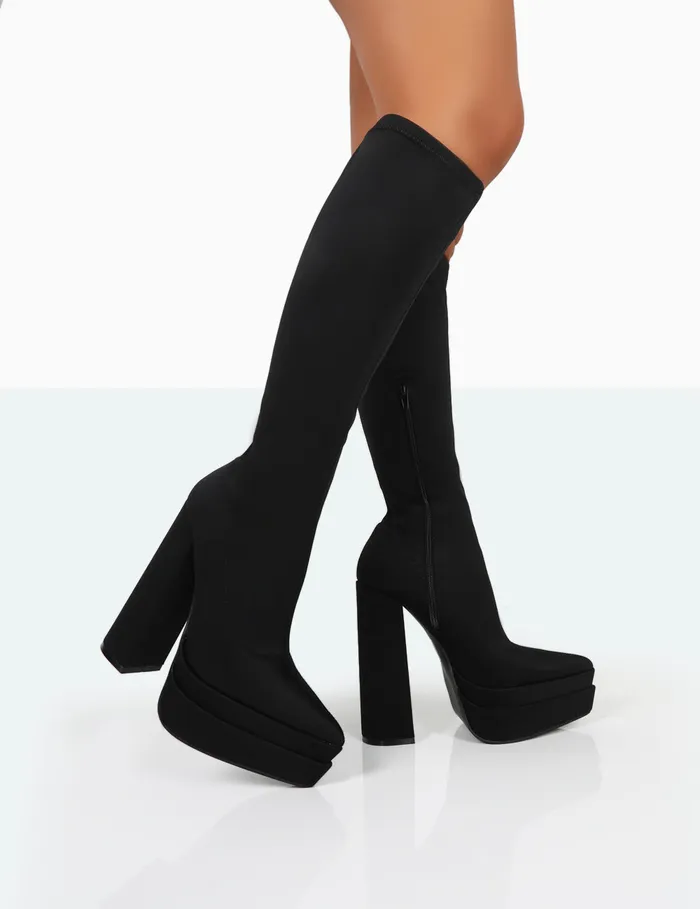 Women End Game Black Lycra Platform Pointed Toe Block Heel Knee High Boots Black Public Desire Long Boots Women End Game Black Lycra Platform Pointed Toe Block Heel Knee High Boots Black Public Desire Long Boots