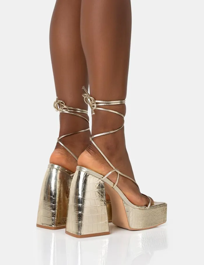 Women ENVY GOLD CROC STRAPPY LACE UP SQUARE TOE CHUNKY PLATFORM BLOCK HEELS Gold Public Desire Occasion