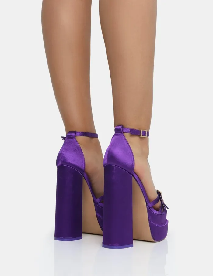 Women Enya Purple Satin Strappy Buckled Detail Open Square Toe Extreme Platform Block Heels Purple Public Desire Prom
