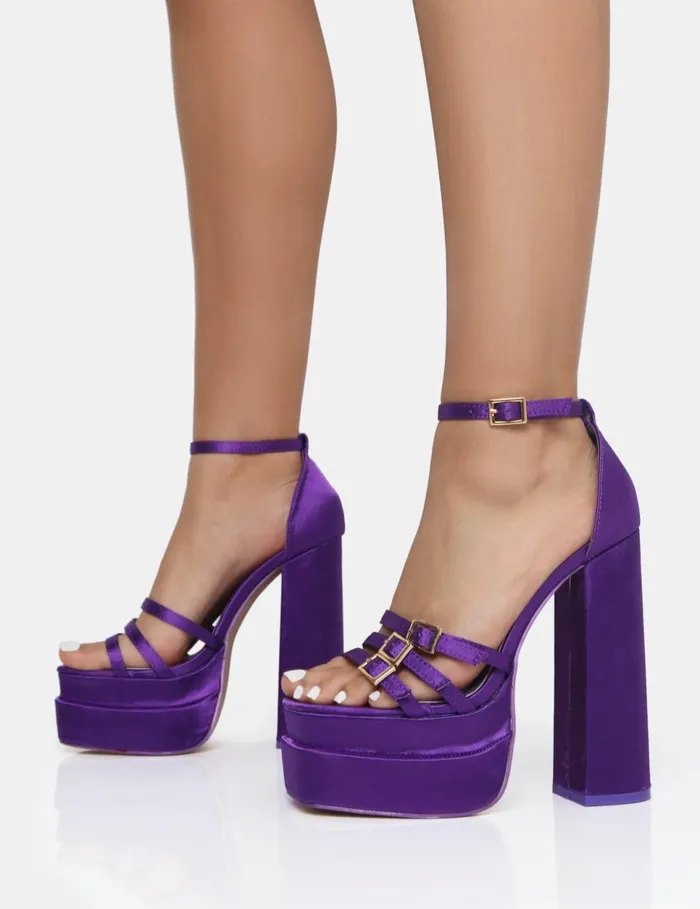 Women Enya Purple Satin Strappy Buckled Detail Open Square Toe Extreme Platform Block Heels Purple Public Desire Prom