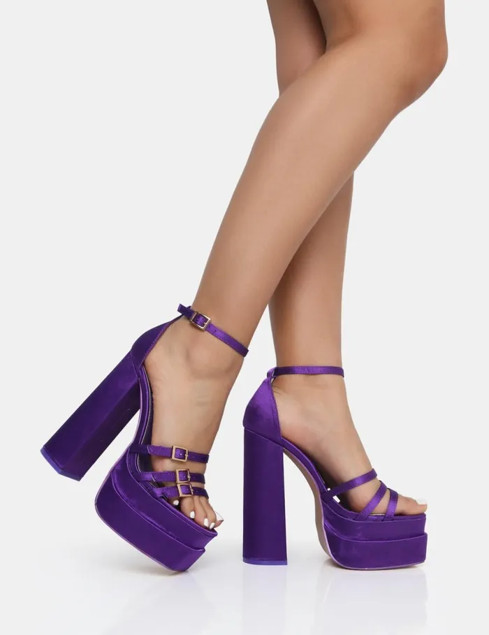 Women Enya Purple Satin Strappy Buckled Detail Open Square Toe Extreme Platform Block Heels Purple Public Desire Prom