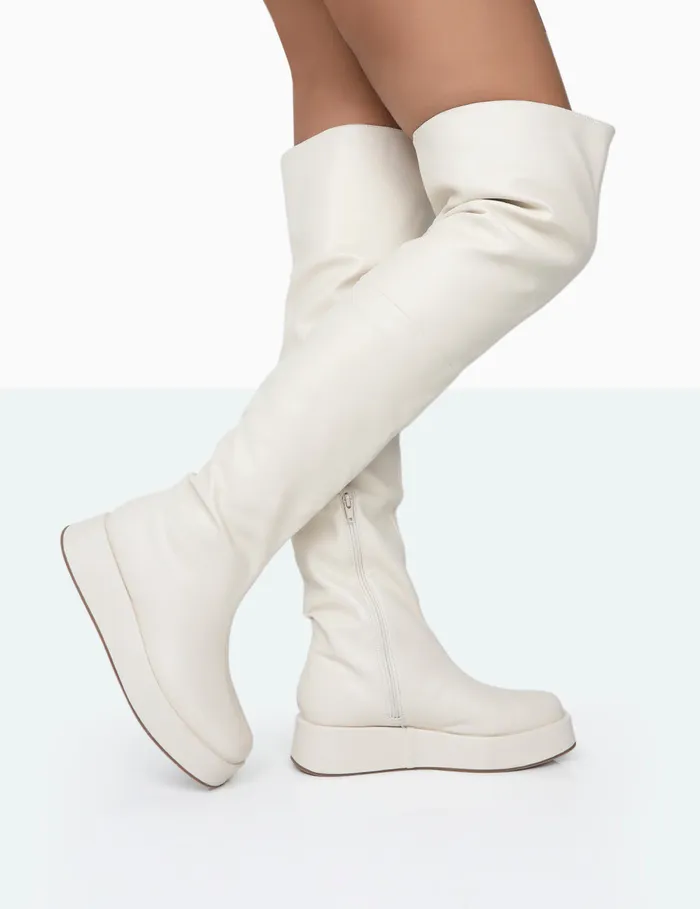 Women Erica Chunky Platform Over The Knee Boots Ecru Public Desire Long Boots