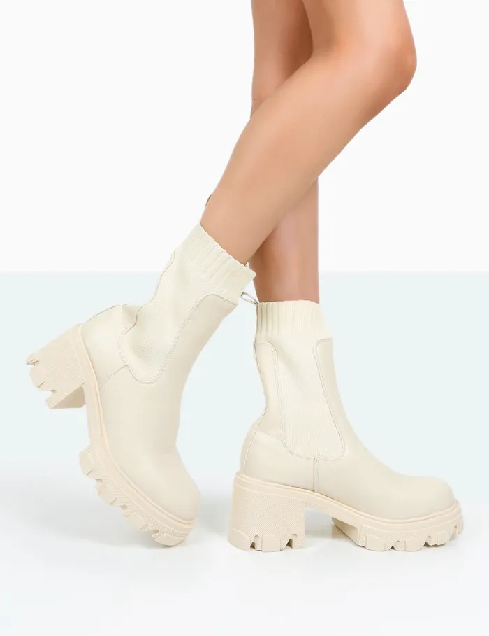 Women Everdeen Chunky Platform Sock Ankle Boots Ecru Public Desire Chunky Boots