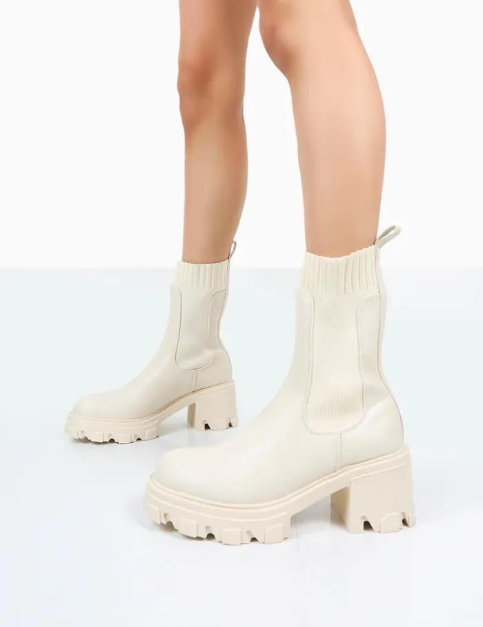 Women Everdeen Chunky Platform Sock Ankle Boots Ecru Public Desire Chunky Boots