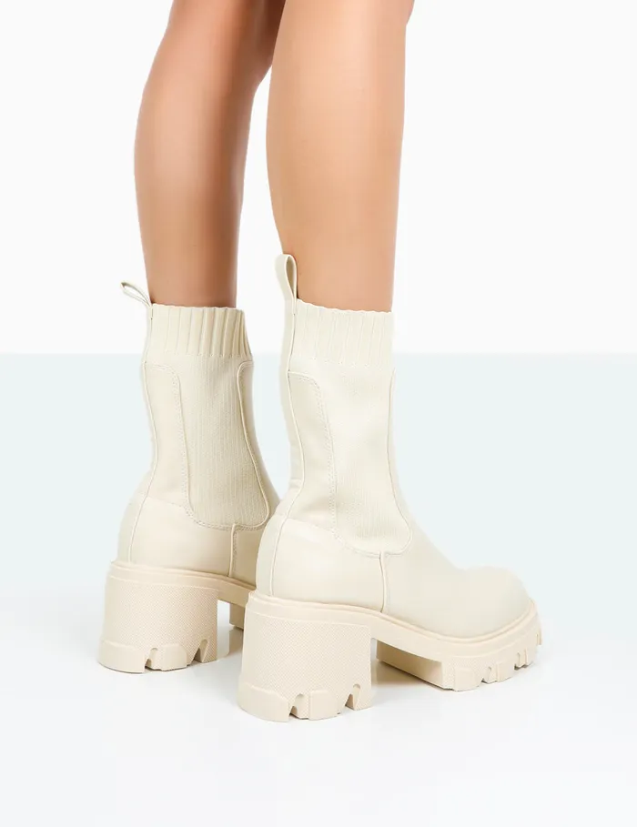 Women Everdeen Chunky Platform Sock Ankle Boots Ecru Public Desire Chunky Boots