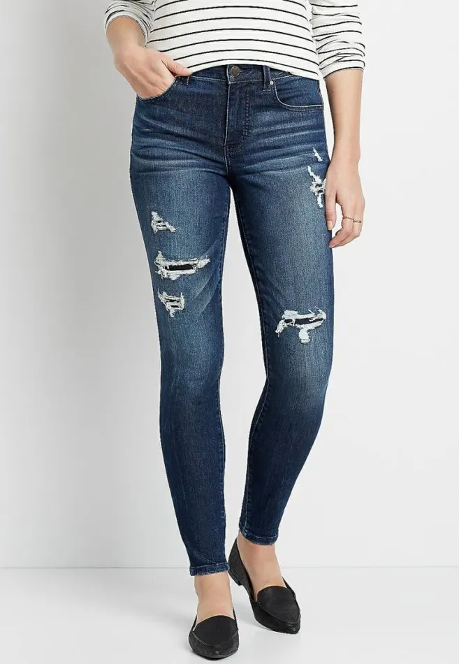 Women Everflex High Rise Dark Backed Destructed Skinny Jean Maurices Jeans