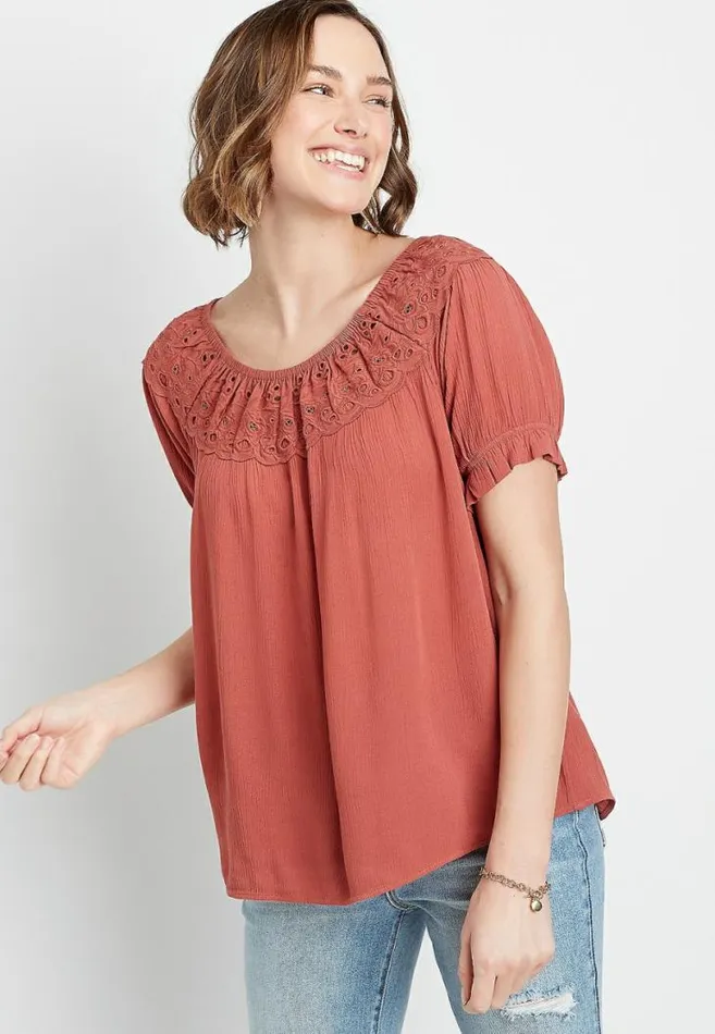 Women Eyelet Peach Short Sleeve Top Maurices Tops