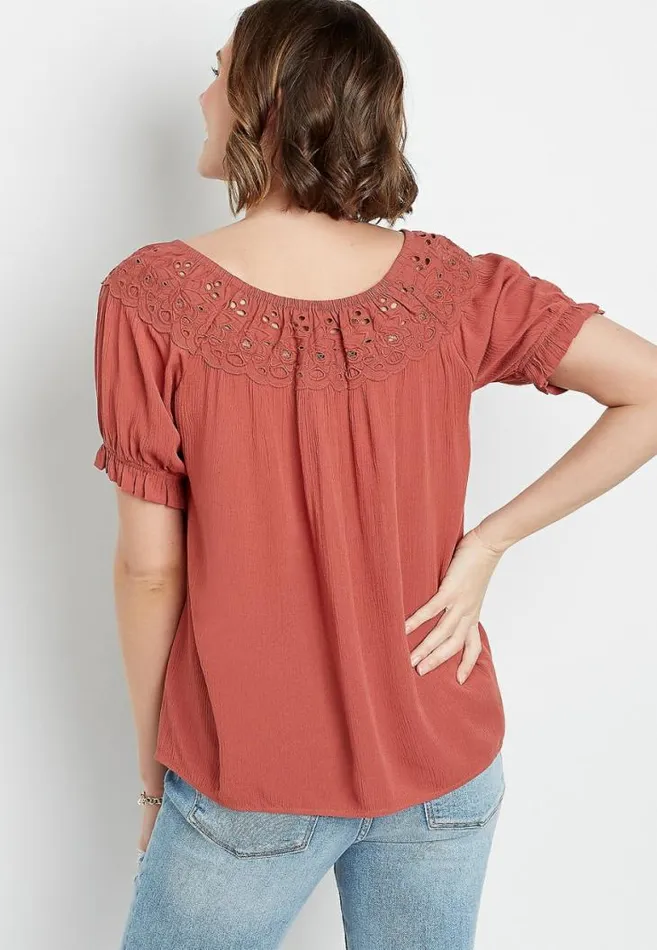 Women Eyelet Peach Short Sleeve Top Maurices Tops