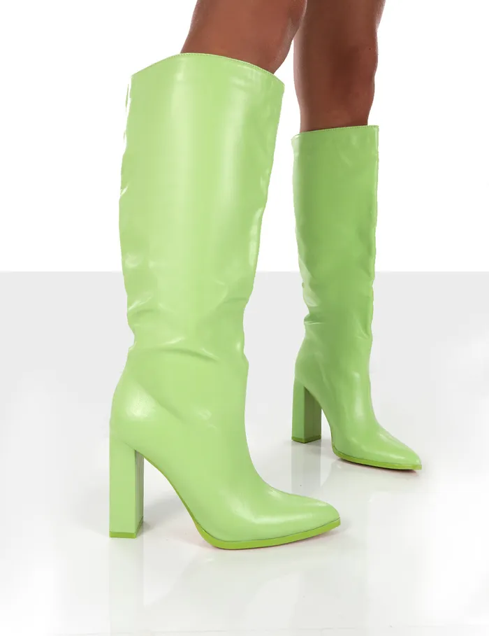 Women Far Away Lime Grain PU Square Toe Knee High Boots Green Public Desire Long Boots Women Far Away Lime Grain PU Square Toe Knee High Boots Green Public Desire Long Boots