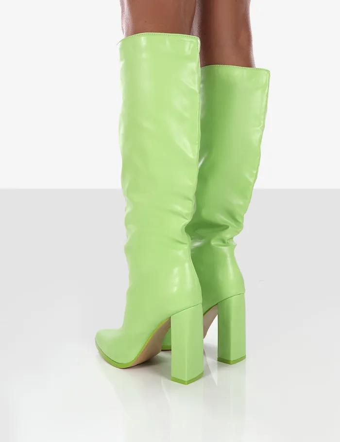 Women Far Away Lime Grain PU Square Toe Knee High Boots Green Public Desire Long Boots