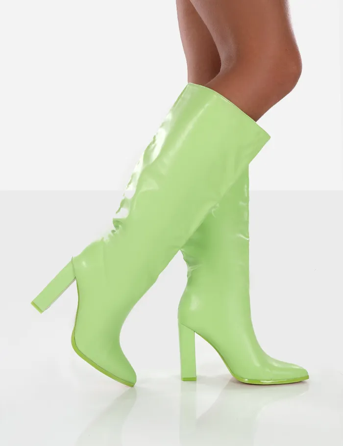 Women Far Away Lime Grain PU Square Toe Knee High Boots Green Public Desire Long Boots