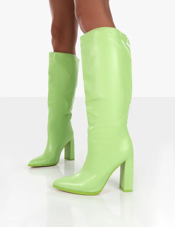 Women Far Away Lime Grain PU Square Toe Knee High Boots Green Public Desire Long Boots