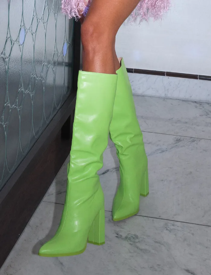 Women Far Away Lime Grain PU Square Toe Knee High Boots Green Public Desire Long Boots