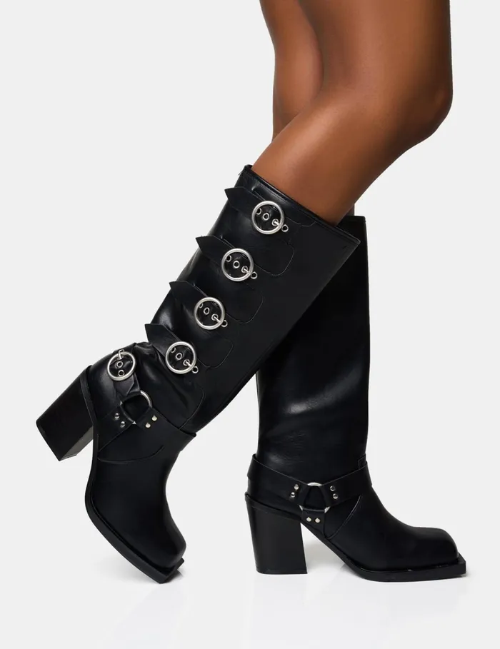 Women Fetish Black Pu Buckle Detail Knee High Boots Black Public Desire Festival Women Fetish Black Pu Buckle Detail Knee High Boots Black Public Desire Festival