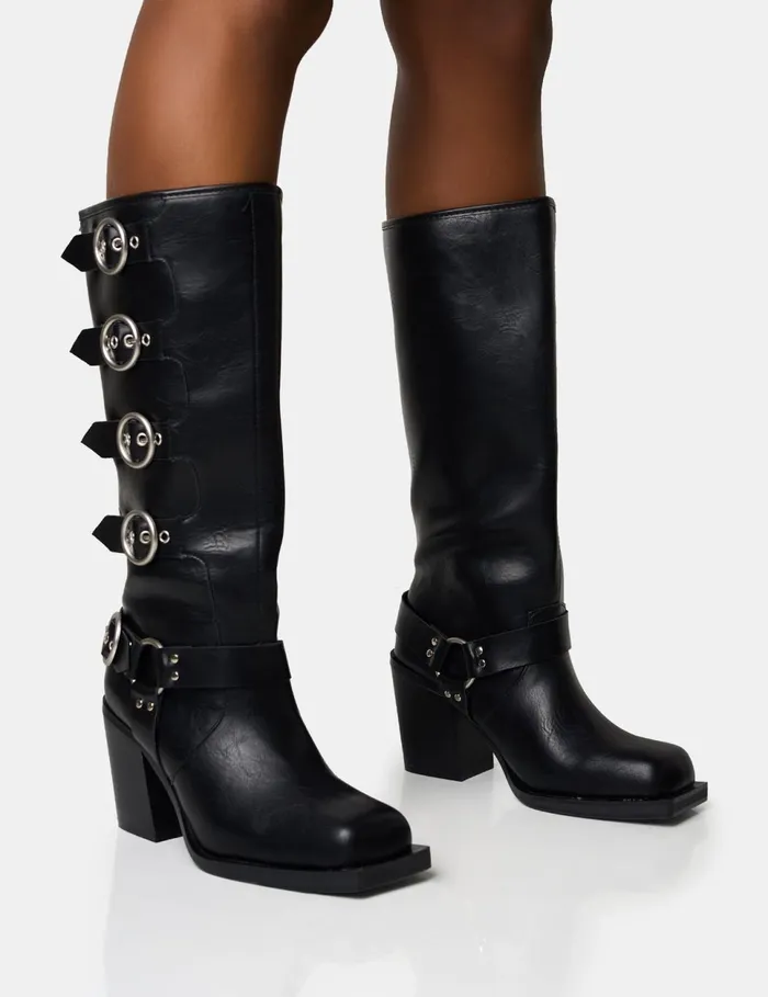 Women Fetish Black Pu Buckle Detail Knee High Boots Black Public Desire Festival
