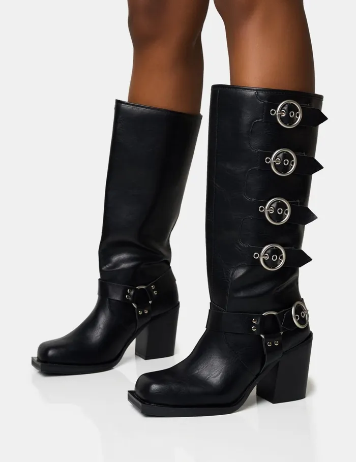 Women Fetish Black Pu Buckle Detail Knee High Boots Black Public Desire Festival