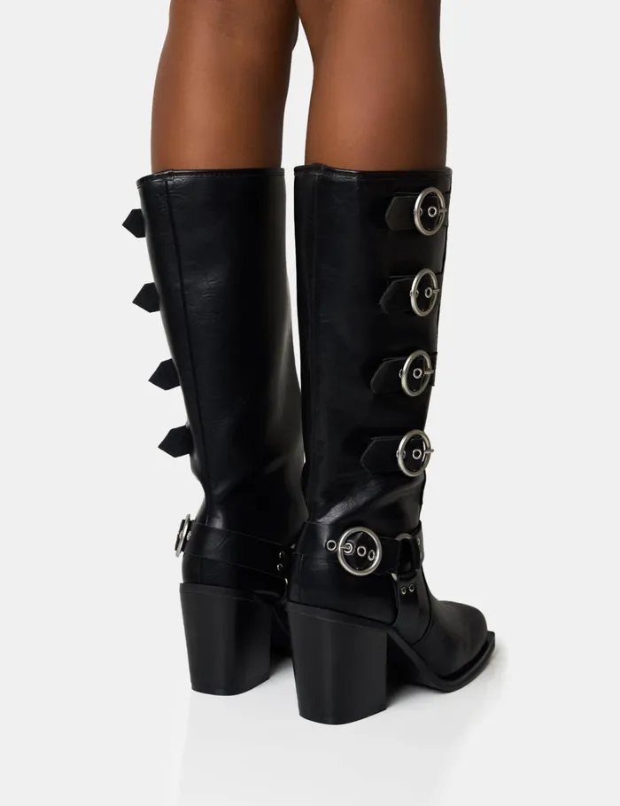 Women Fetish Black Pu Buckle Detail Knee High Boots Black Public Desire Festival