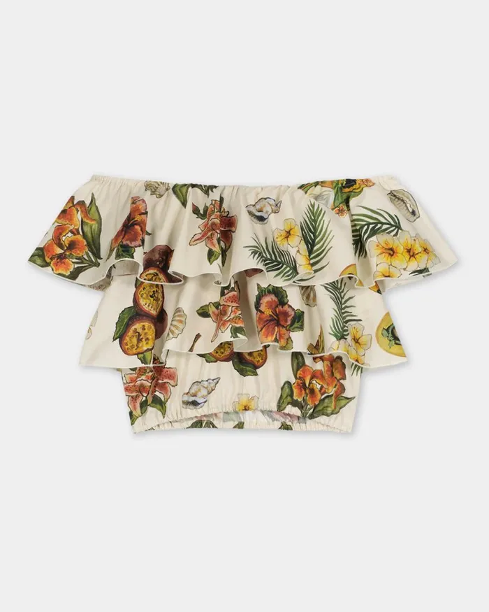 Women Filling Pieces TShirts and Shirts Ruffle Top Parrot Print White