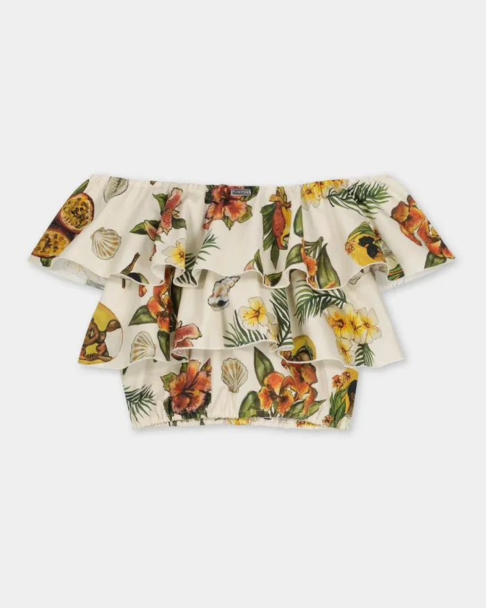 Women Filling Pieces TShirts and Shirts Ruffle Top Parrot Print White