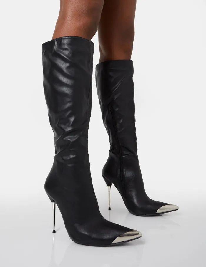 Women Finery Black Pu Metal Toe Capped Zip Up Knee High Stiletto Boots Black Public Desire Embellished Women Finery Black Pu Metal Toe Capped Zip Up Knee High Stiletto Boots Black Public Desire Embellished