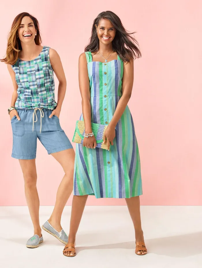 Women Fit And Flare Talbots Beachcomber Stripe Midi Dress