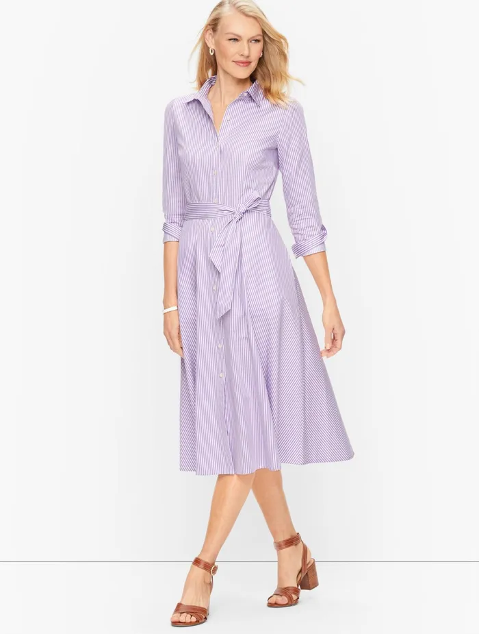 Women Fit And Flare Talbots Cotton Stripe Shirtdress Whitelavender
