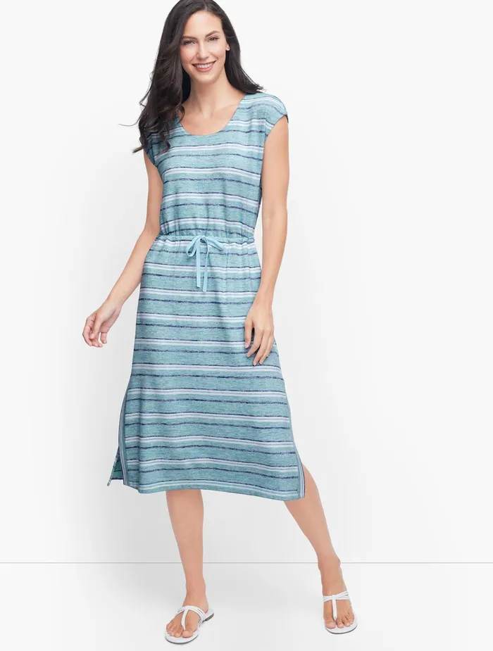 Women Fit And Flare Talbots Drawstring Tie Waist Midi Dress Salt Blue Multi