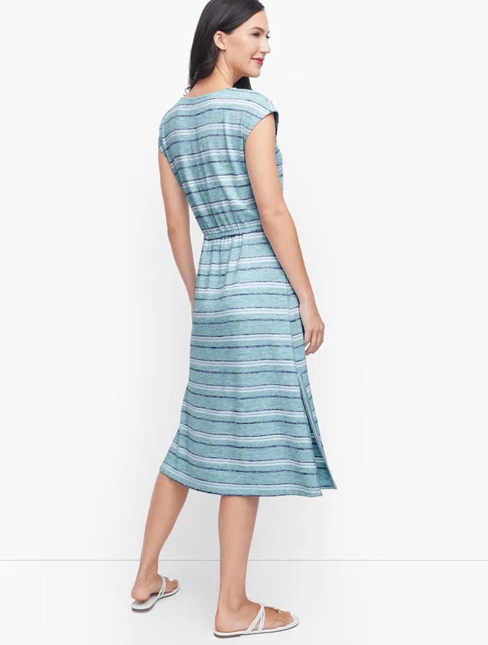 Women Fit And Flare Talbots Drawstring Tie Waist Midi Dress Salt Blue Multi