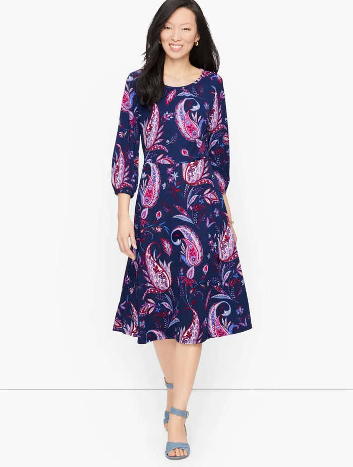 Women Fit And Flare Talbots Knit Jersey Winding Paisley Dress India Ink Multi