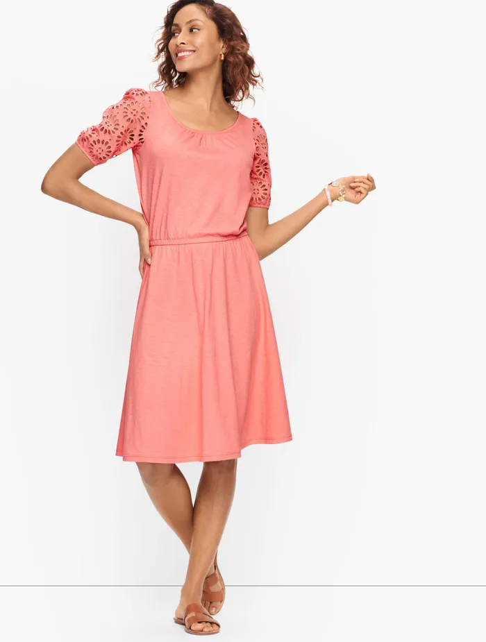 Women Fit And Flare Talbots Slub Knit Eyelet Detail Dress Indigo Blue