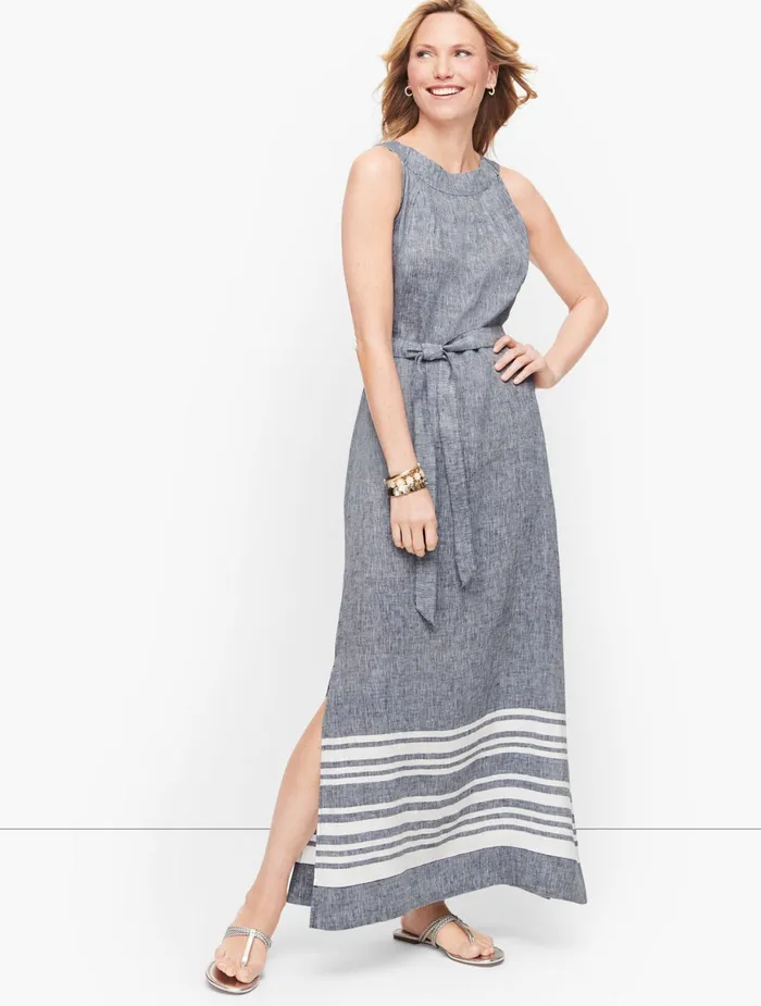 Women Fit And Flare Talbots Stripe Linen Maxi Dress Dark Chambray