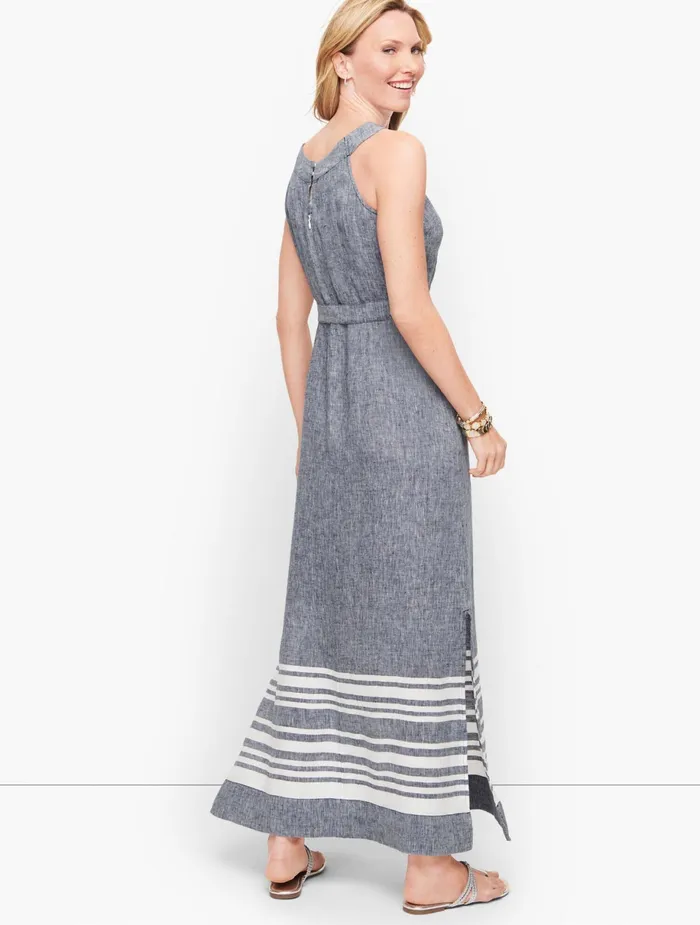 Women Fit And Flare Talbots Stripe Linen Maxi Dress Dark Chambray