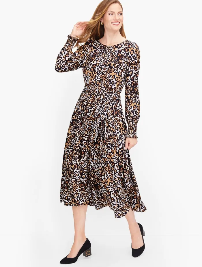 Women Fit And Flare Talbots Tie Waist Leopard Midi Dress Brown Multi