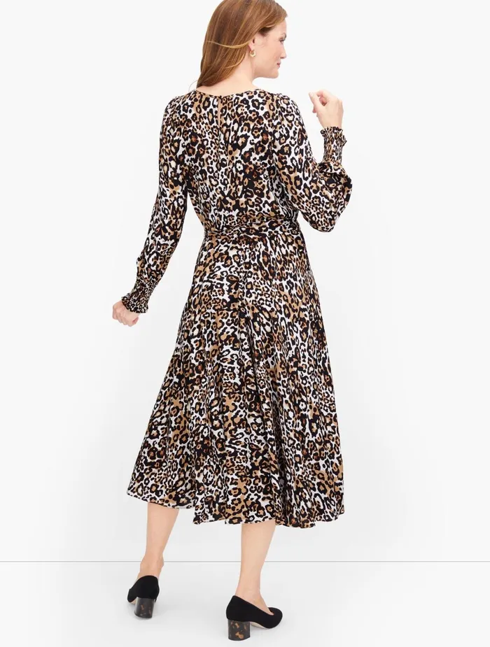 Women Fit And Flare Talbots Tie Waist Leopard Midi Dress Brown Multi