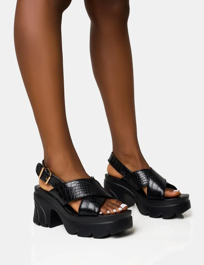 Women Flare Black Cross Strap Chunky Mid Heel Sandals Black Public Desire Holiday Women Flare Black Cross Strap Chunky Mid Heel Sandals Black Public Desire Holiday