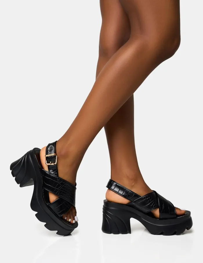 Women Flare Black Cross Strap Chunky Mid Heel Sandals Black Public Desire Holiday