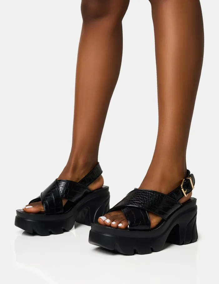 Women Flare Black Cross Strap Chunky Mid Heel Sandals Black Public Desire Holiday
