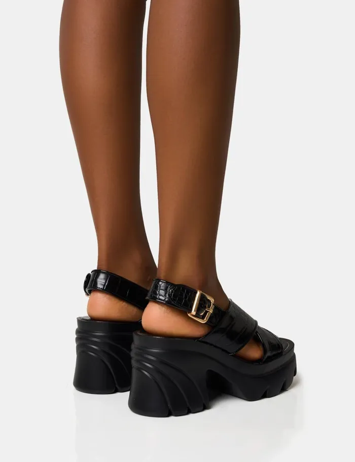 Women Flare Black Cross Strap Chunky Mid Heel Sandals Black Public Desire Holiday