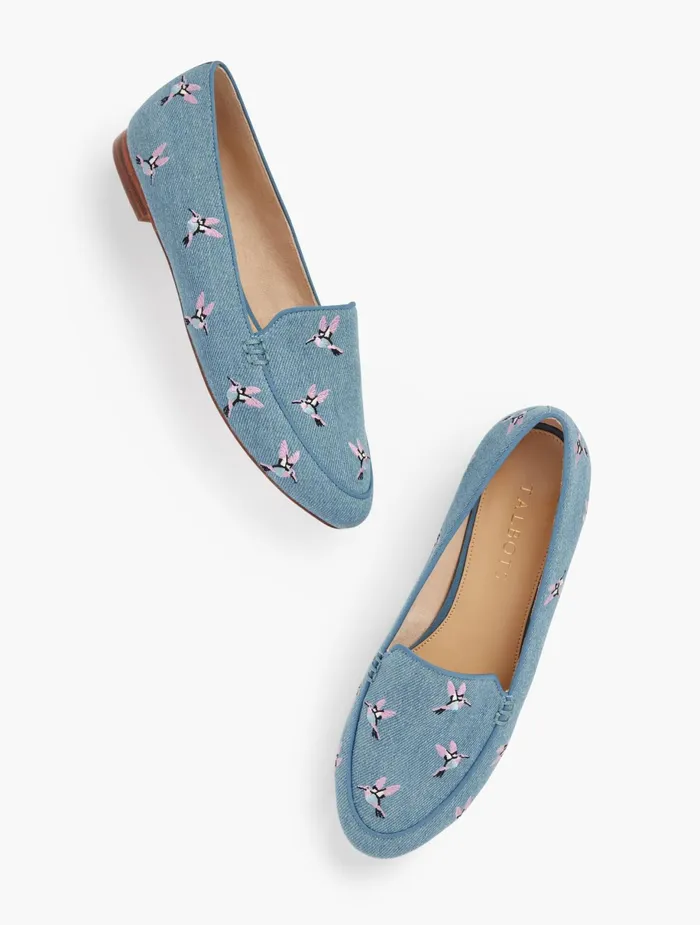 Women Flats Talbots Ryan Embroidered Hummingbird Cotton Loafers Light Denim