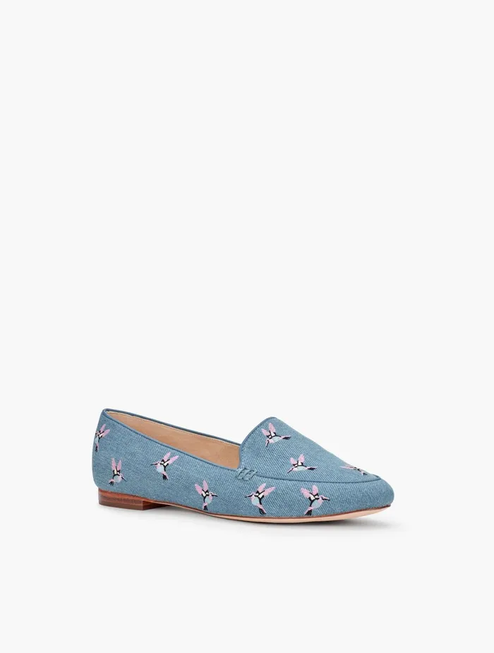 Women Flats Talbots Ryan Embroidered Hummingbird Cotton Loafers Light Denim