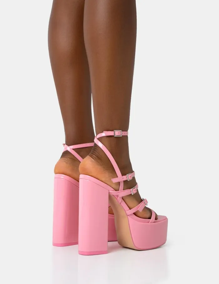 Women Flawless Baby Pink Patent Buckle Strap Round Toe Platform Block Heels Pink Public Desire Races