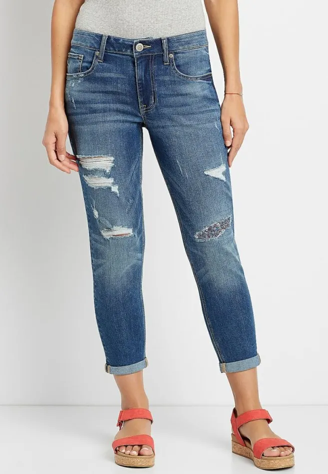 Women Floral Backed Ripped Boyfriend Cropped Jean Maurices Bottoms