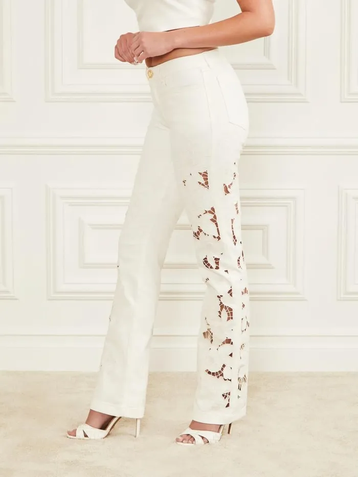Women Floral Cutout Denim Pant White Marciano Bottoms Women Floral Cutout Denim Pant White Marciano Bottoms