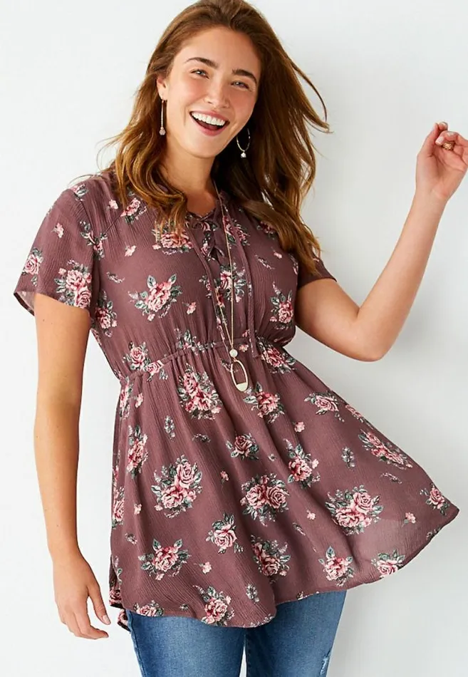 Women Floral Lace Up Tunic Top Maurices Tops