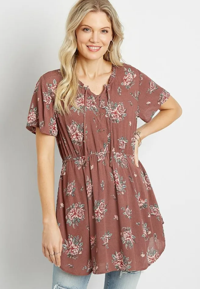 Women Floral Lace Up Tunic Top Maurices Tops