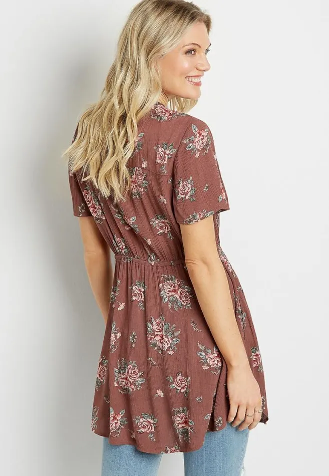 Women Floral Lace Up Tunic Top Maurices Tops