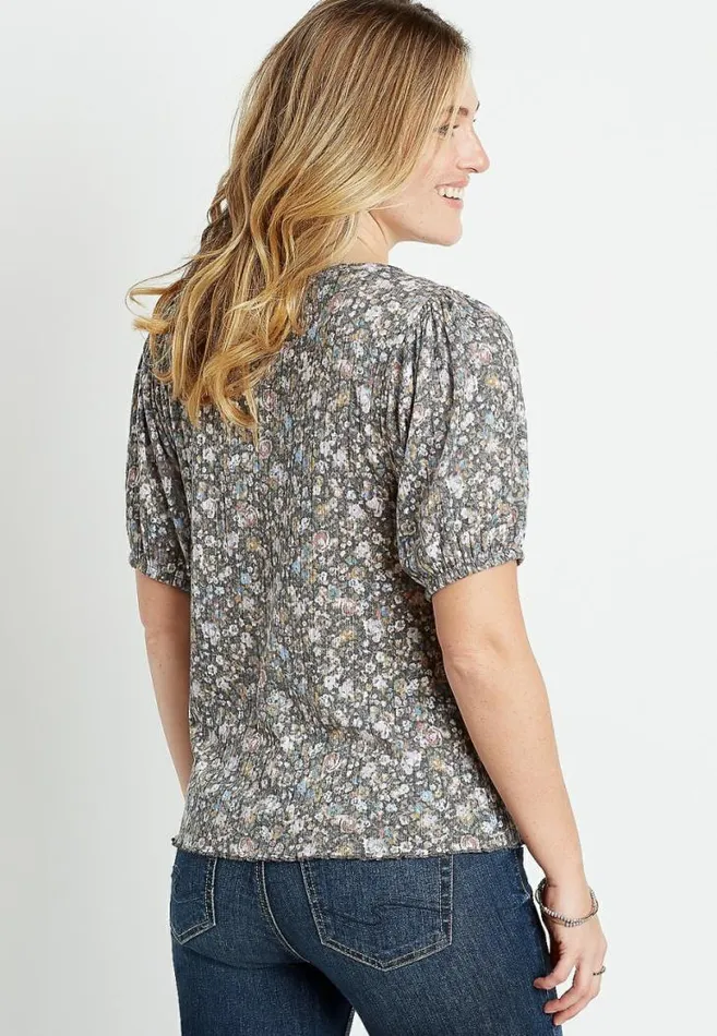 Women Floral Puff Sleeve Lace Up Top Maurices Tops